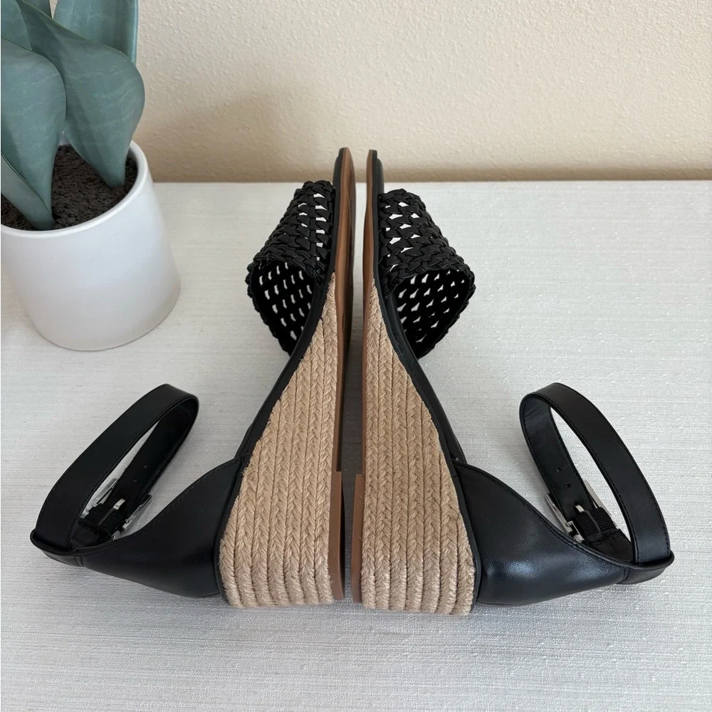 Black Woven Ankle Strap Wedge Sandals - Brand: